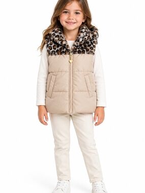 Kids Headquarters Beige Puffer Vest with Leopard Faux-Fur Hood 5T